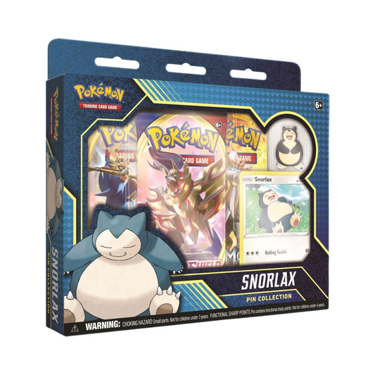 Pokémon TCG Snorlax Pin Collection box with Snorlax promo card, collector pin, and Pokémon booster packs.
