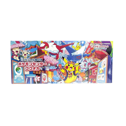 Pokémon TCG Japanese Special Box Pokémon Center Fukuoka showing promo Pikachu card, deck case, long card box and 64-count sleeves.