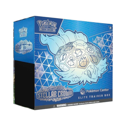 Pokemon TCG Scarlet & Violet Stellar Crown Pokemon Center Exclusive Elite Trainer Box featuring Terapagos artwork and collectible accessories.