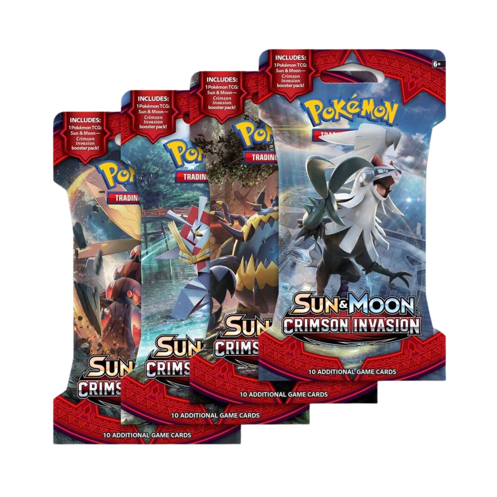 Pokémon TCG Sun & Moon Crimson Invasion Single Sleeved Booster Pack featuring 10 Pokémon cards and 1 Basic Energy for trading card game collectors.