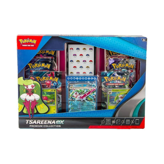 Pokemon TCG Tsareena ex Premium Collection box with pokemon trading card game booster packs and themed contents.