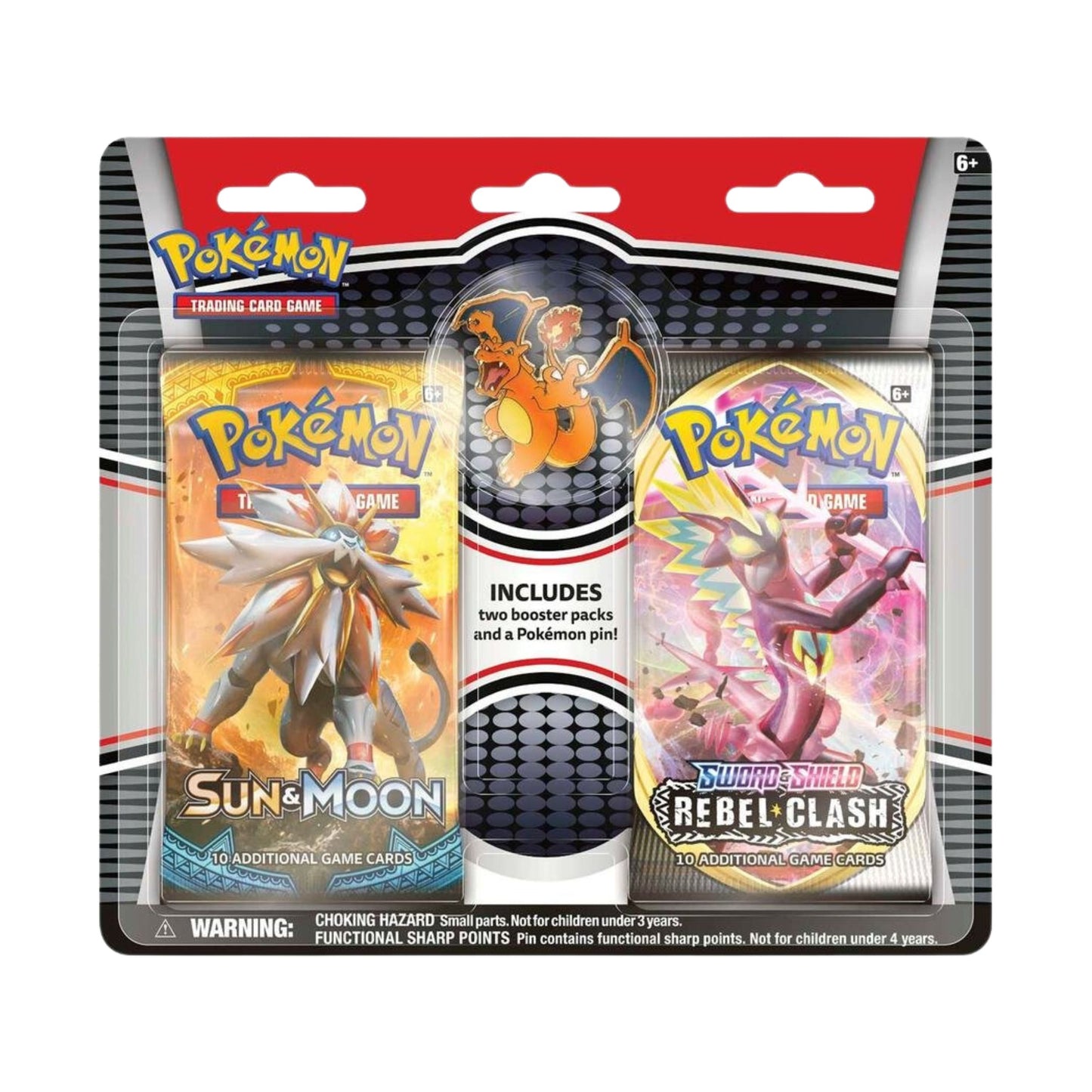 Pokémon TCG Two Pack Blister Charizard Pin with 2 booster packs and collector’s pin.
