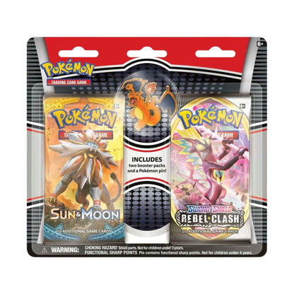 Pokémon TCG Two Pack Blister Charizard Pin with 2 booster packs and collector’s pin.