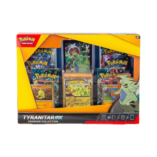 Pokemon TCG Tyranitar ex Box with Tyranitar ex foil card and sealed pokemon trading card game booster packs.