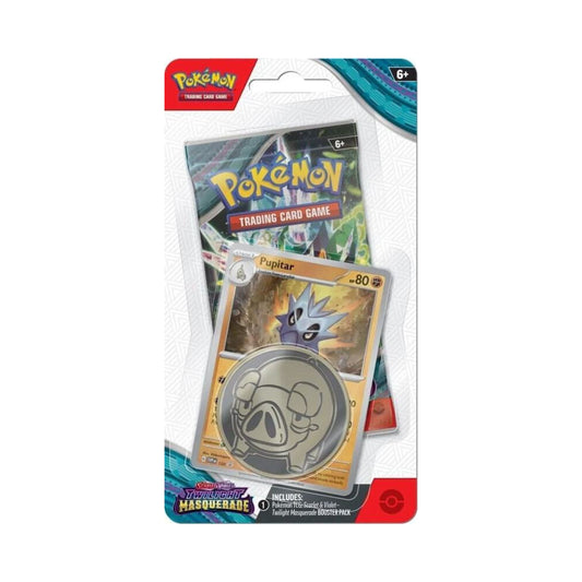 Pokemon TCG Twilight Masquerade single blister Pupitar promo card with sealed booster pack.