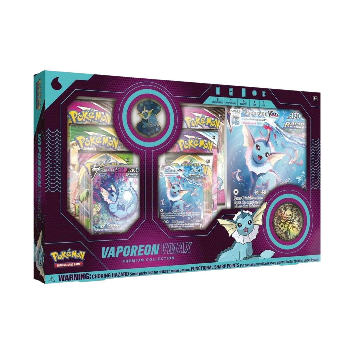 Pokémon TCG VMAX Premium Collection featuring Vaporeon, Jolteon, or Flareon with etched card, full-art card, oversized display card, colorful pin, 6 booster packs, metallic coin, and Pokémon TCG Online code card.