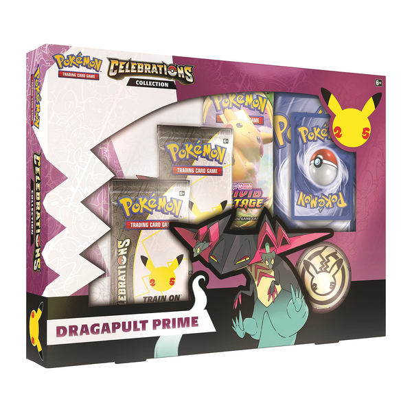 Pokemon TCG Dragapult Prime Celebrations Collection Box with cards and booster packs