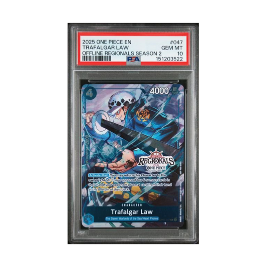 One Piece Trafalgar Law PSA 10 graded trading card featuring the Heart Pirates captain.