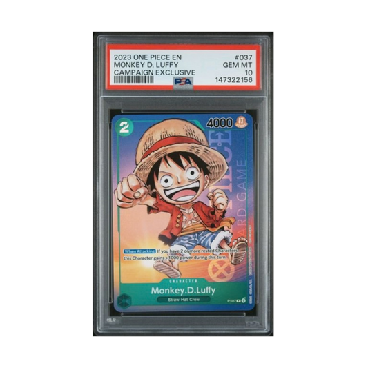 One Piece Luffy Campaign PSA 10 graded trading card.