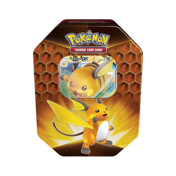 Pokemon TCG Hidden Fates Raichu Tin with Pokemon booster packs and collectible card accessories