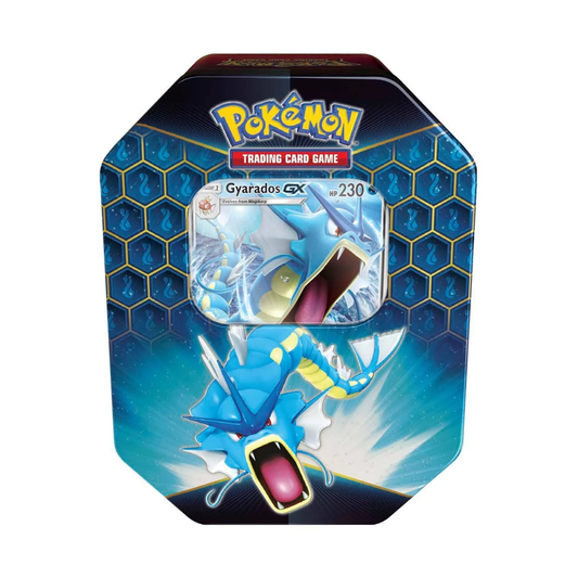 Pokemon TCG Hidden Fates Gyarados Tin with Pokemon trading cards and collectible tin
