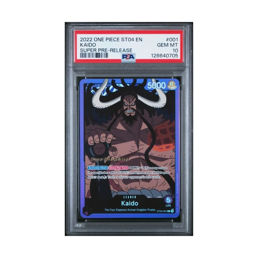 One Piece Kaido Super Pre PSA 10 graded trading card.