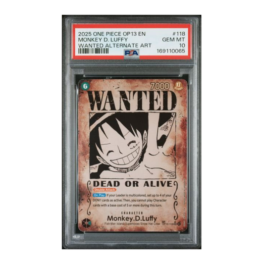 One Piece Monkey D. Luffy WANTED OP13 trading card graded PSA 10