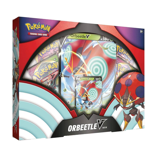 Pokemon TCG Orbeetle V Box featuring foil promo cards, oversized card, and Pokemon booster packs