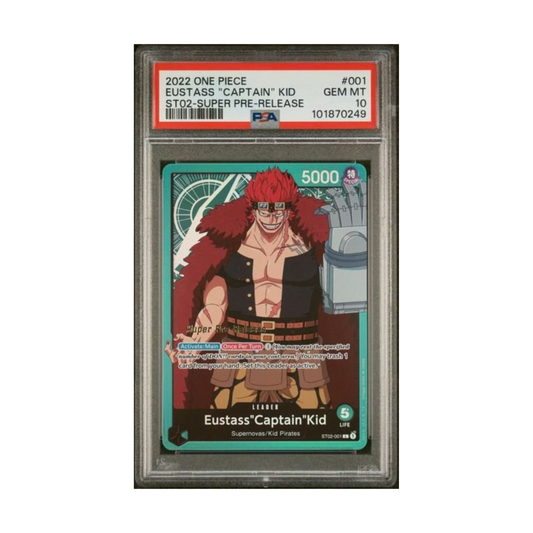 One Piece Captain Kid Super PSA 10 graded trading card featuring Eustass Kid.
