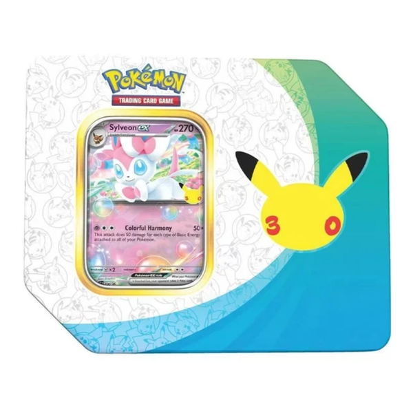 Pokemon TCG 30th Celebration Sylveon ex Tin with foil promo card and four booster packs.