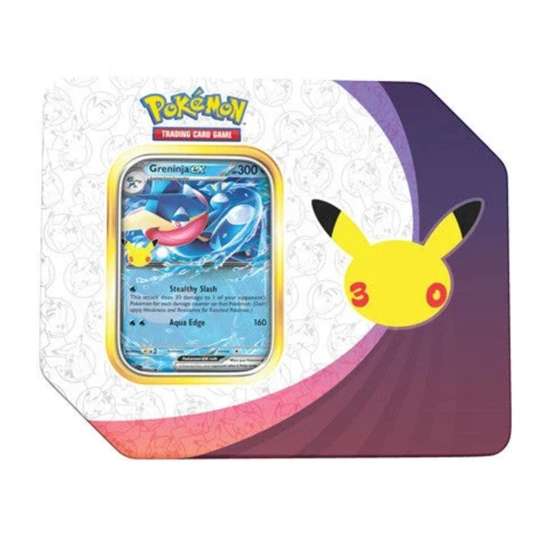 Pokemon TCG 30th Celebration Greninja ex Tin with foil promo card and four booster packs.