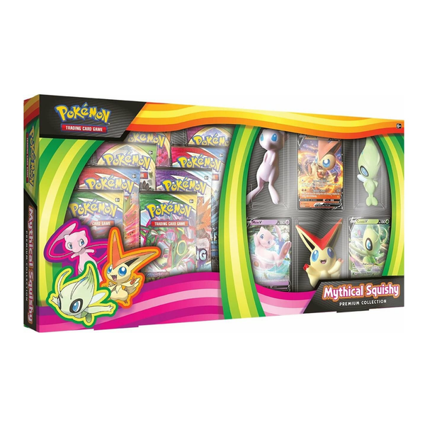 Pokemon TCG Mythical Squishy Premium Collection box with booster packs promo cards and squishy figures