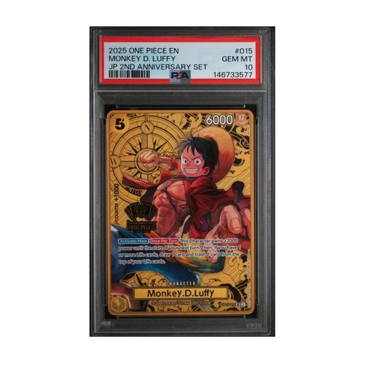 One Piece Luffy Japanese 2nd Anniversary PSA 10 graded trading card.