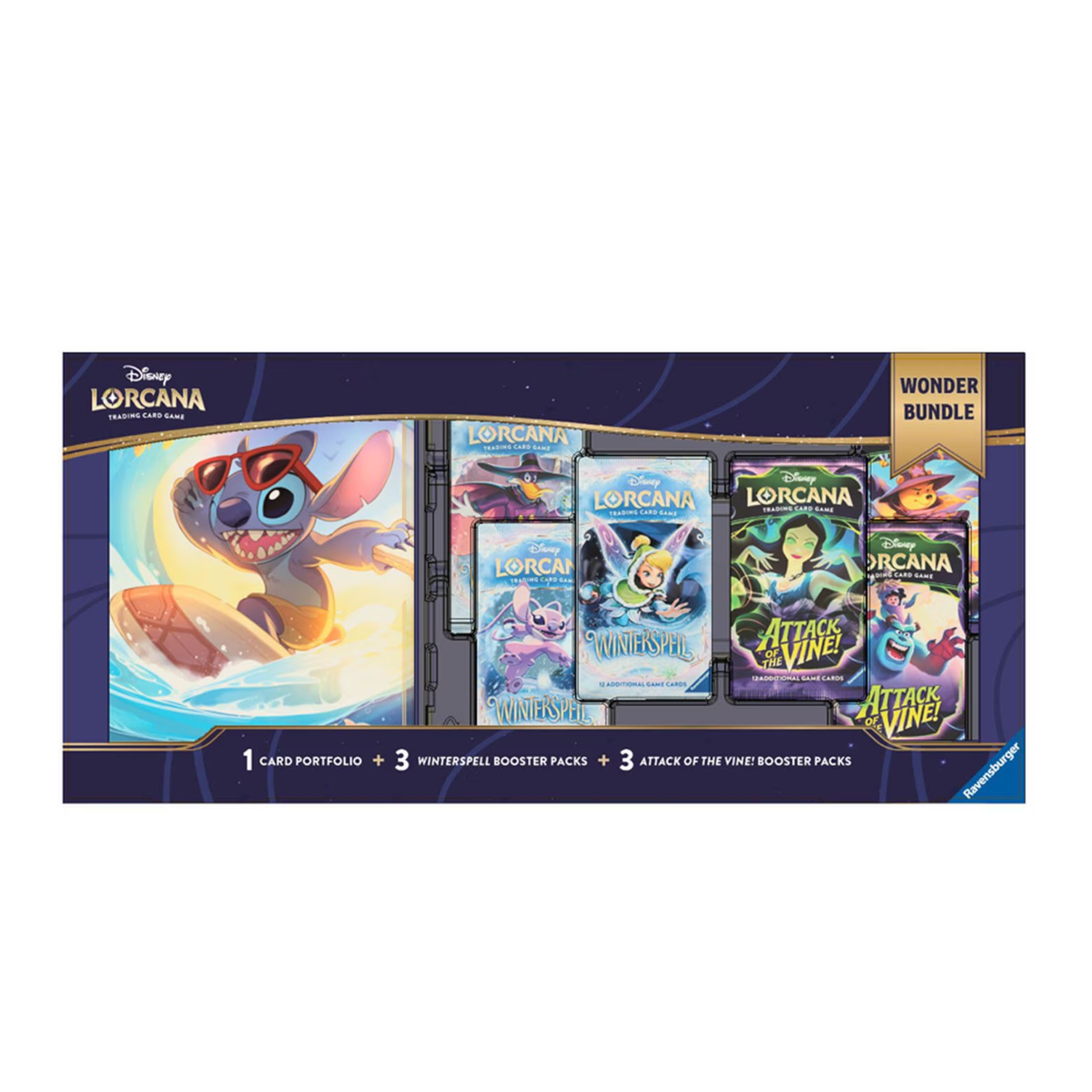 Disney Lorcana Wonder Bundle featuring Stitch card portfolio, three Winterspell booster packs, and three Attack of the Vine booster packs