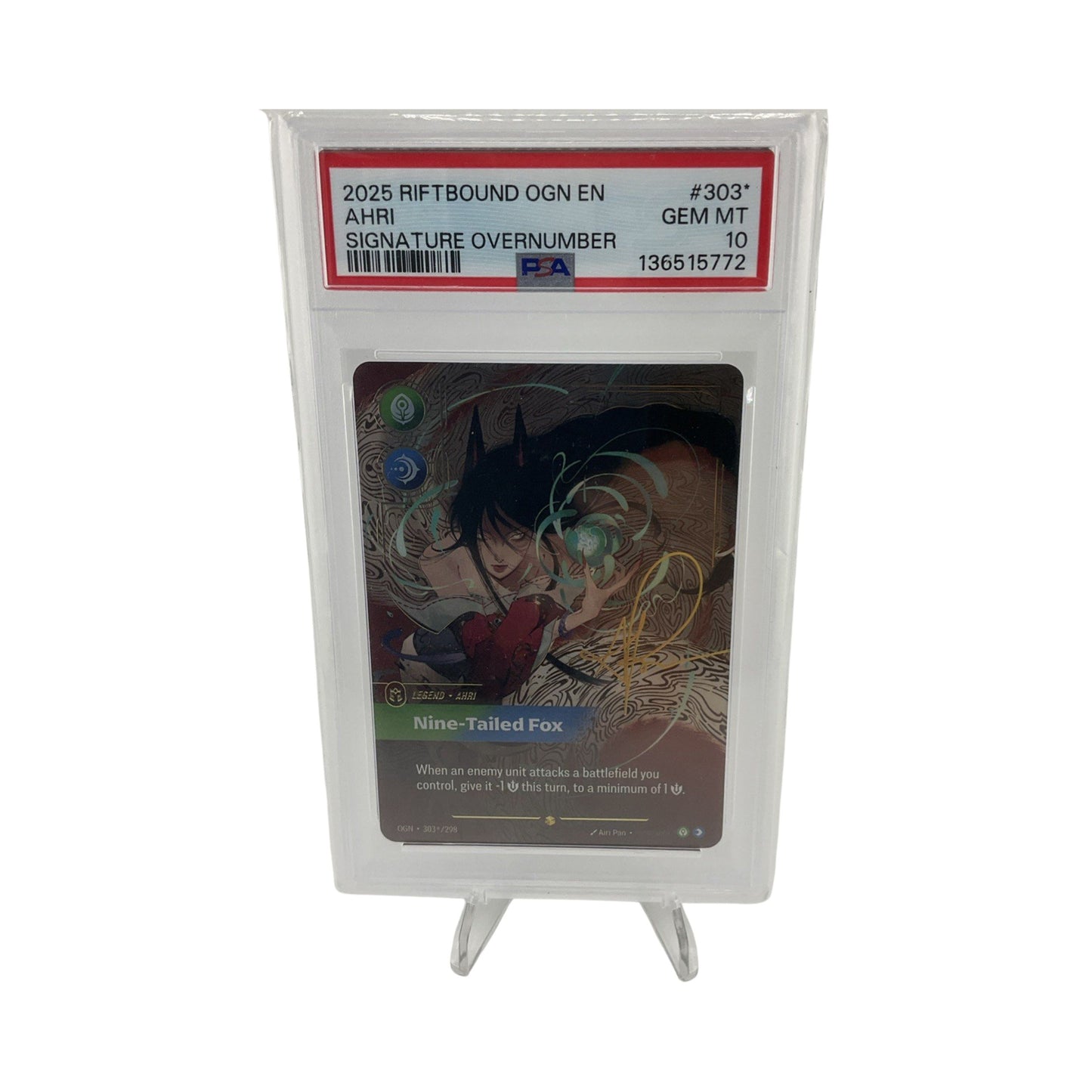 2025 RIFTBOUND OGN-ORIGINS SIGNATURE OVERNUMBER AHRI - NINE-TAILED FOX PSA 10