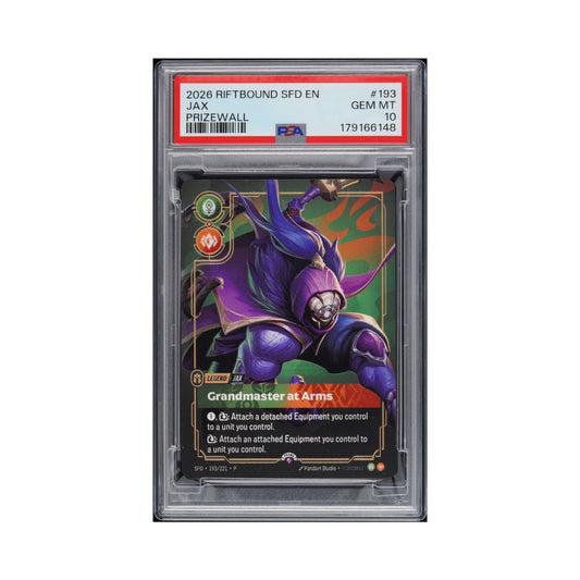 Riftbound Jax Grandmaster at Arms Metal Prize Wall promotional card graded PSA Gem Mint 10