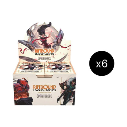 Riftbound League of Legends TCG SpiritForged Booster Box Case with six sealed booster boxes for trading card games.