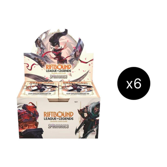 Riftbound League of Legends TCG SpiritForged Booster Box Case with six sealed booster boxes for trading card games.