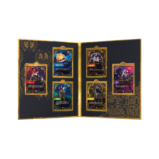 Riftbound League of Legends Arcane Box Set featuring six foil Champion legend cards and display case.