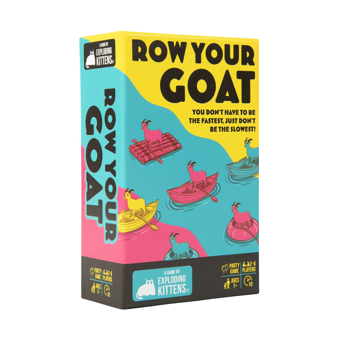 Exploding Kittens Row Your Goat party card game with colorful picture cards and Lifesaver game pieces
