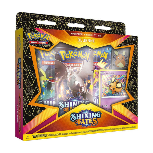 Pokemon TCG Shining Fates Dedenne pin collection with booster packs and promo card.