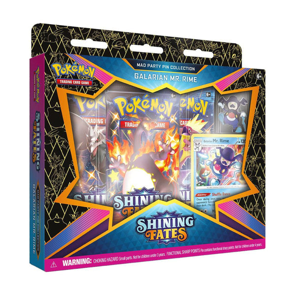 Pokemon TCG Shining Fates Galarian Mr Rime pin collection with booster packs and promo card.