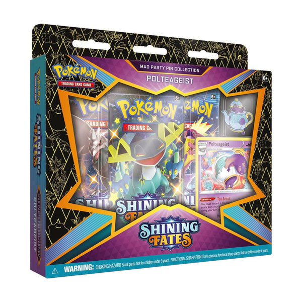 Pokemon TCG Shining Fates Polteageist pin collection with booster packs and promo card.