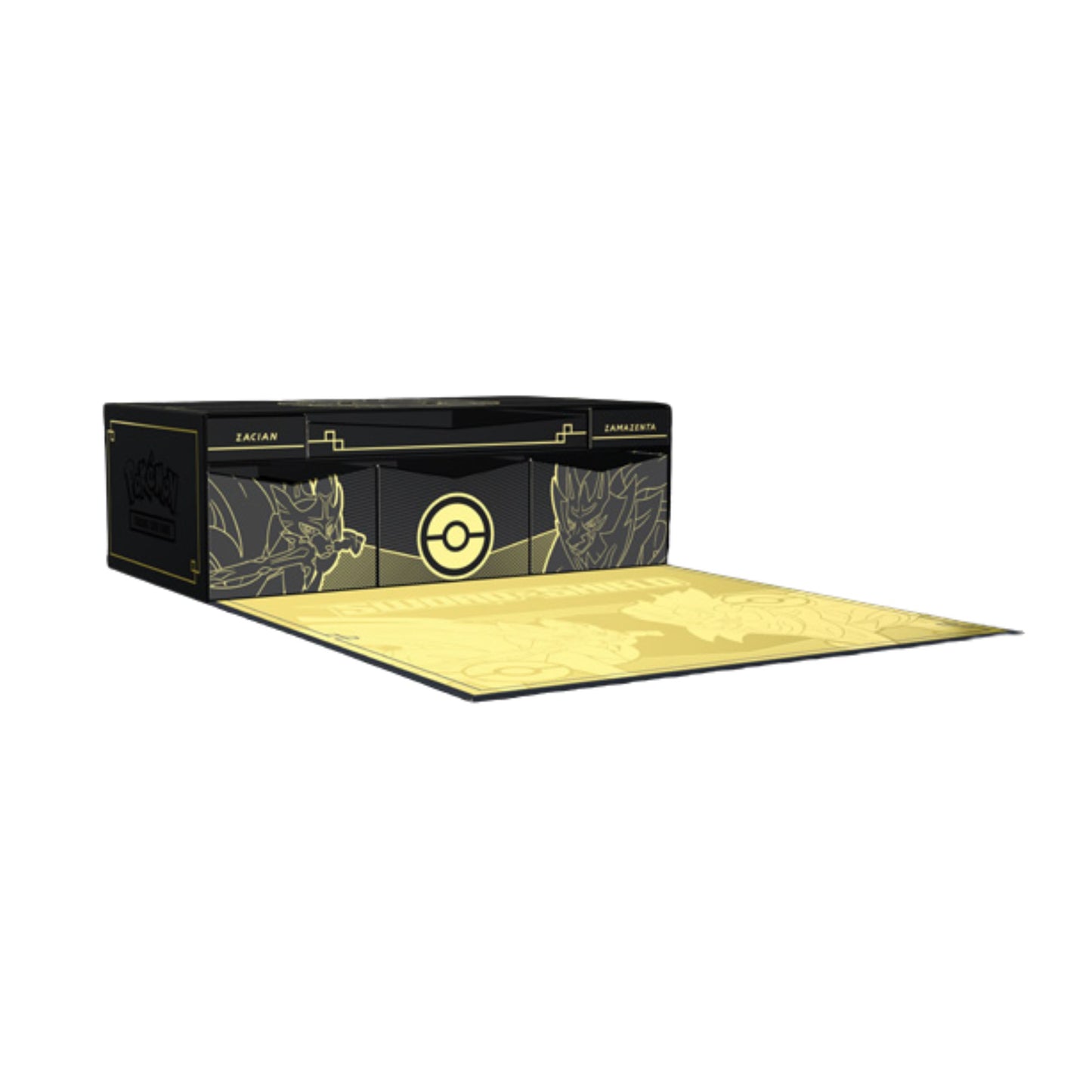Pokemon TCG Sword and Shield Zacian and Zamazenta Ultra Premium Collection trading card game box with booster packs and collectible accessories.