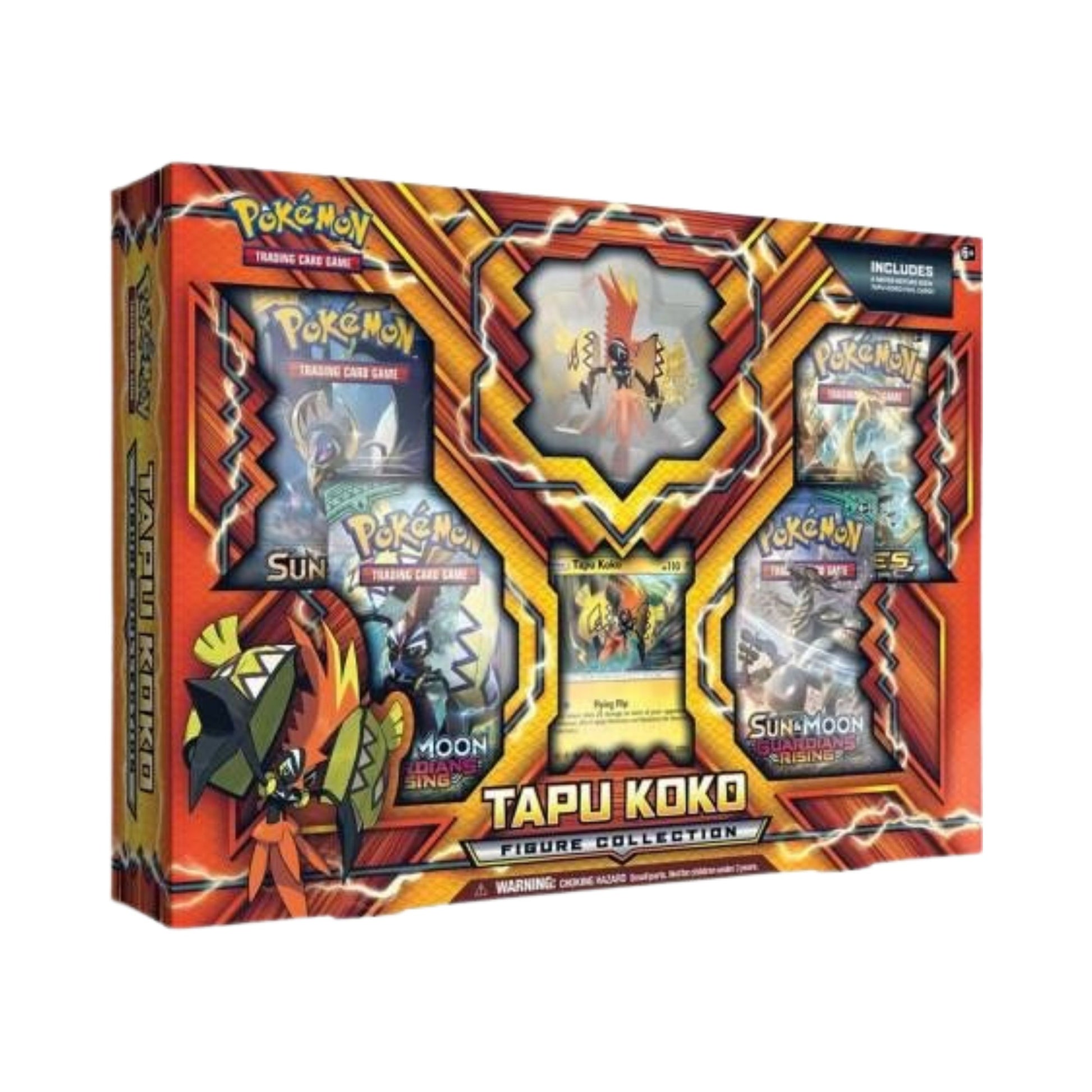 Pokémon TCG Tapu Koko Figure Collection with foil Tapu Koko promo card, detailed Tapu Koko figure, 4 booster packs, and code card for Pokémon Trading Card Game Online, ideal for collectors and card game fans.