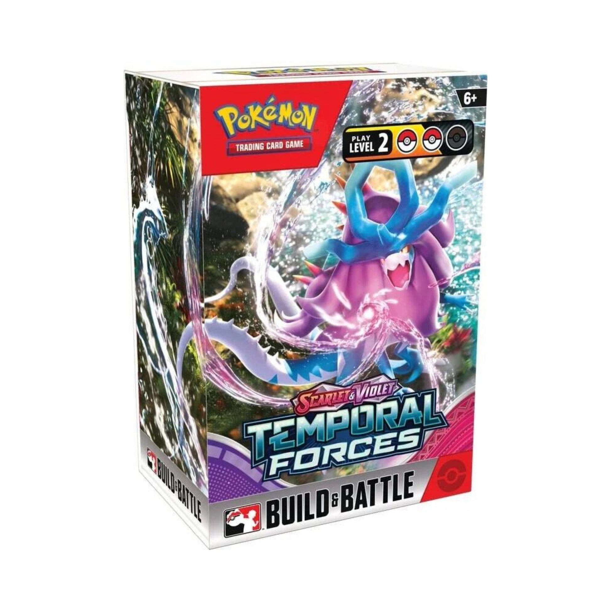 Pokemon TCG Scarlet and Violet Temporal Forces Build and Battle Box with pokemon card packs and deck building cards.