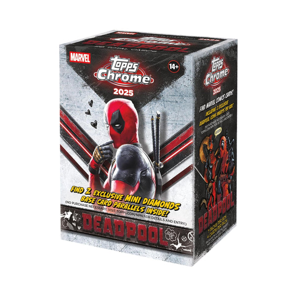 Topps Chrome 2025 Marvel Deadpool Blaster Box sealed trading card packs with chrome finish.