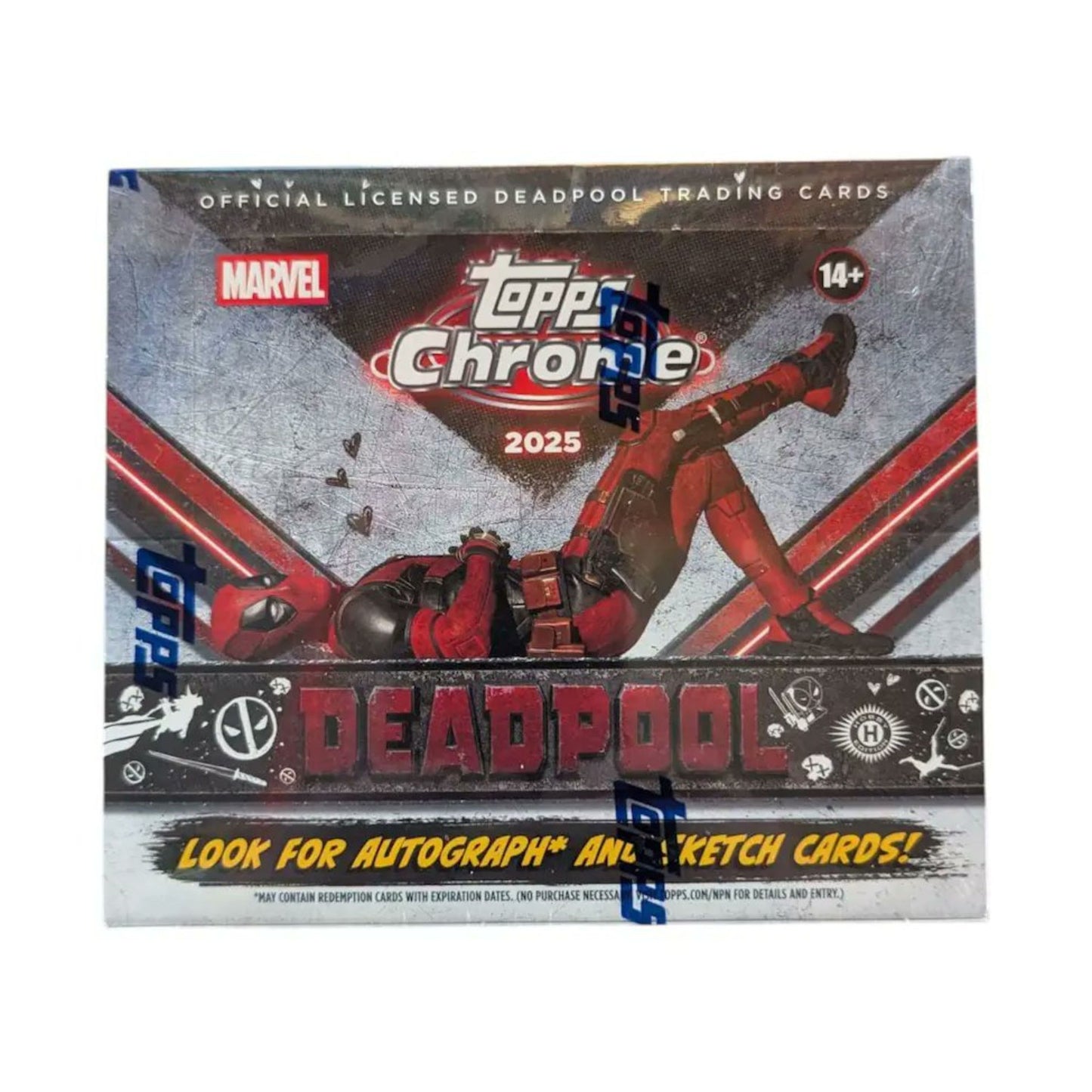 Topps Chrome 2025 Marvel Deadpool Hobby Box sealed trading cards.