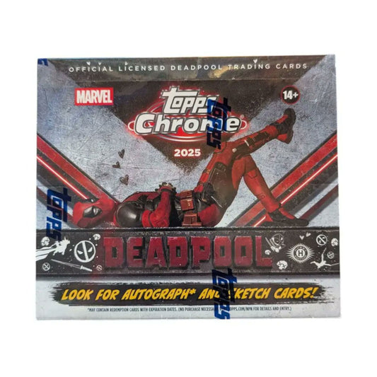 Topps Chrome 2025 Marvel Deadpool Hobby Box sealed trading cards.
