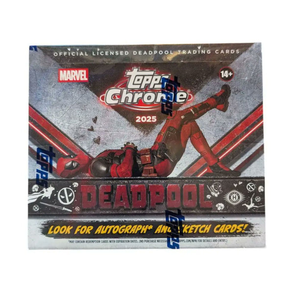 Topps Chrome 2025 Marvel Deadpool Hobby Box sealed trading cards.