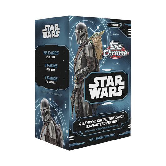 2026 Topps Chrome Star Wars Blaster Box for collecting Star Wars character cards, Chrome parallels, and inserts.