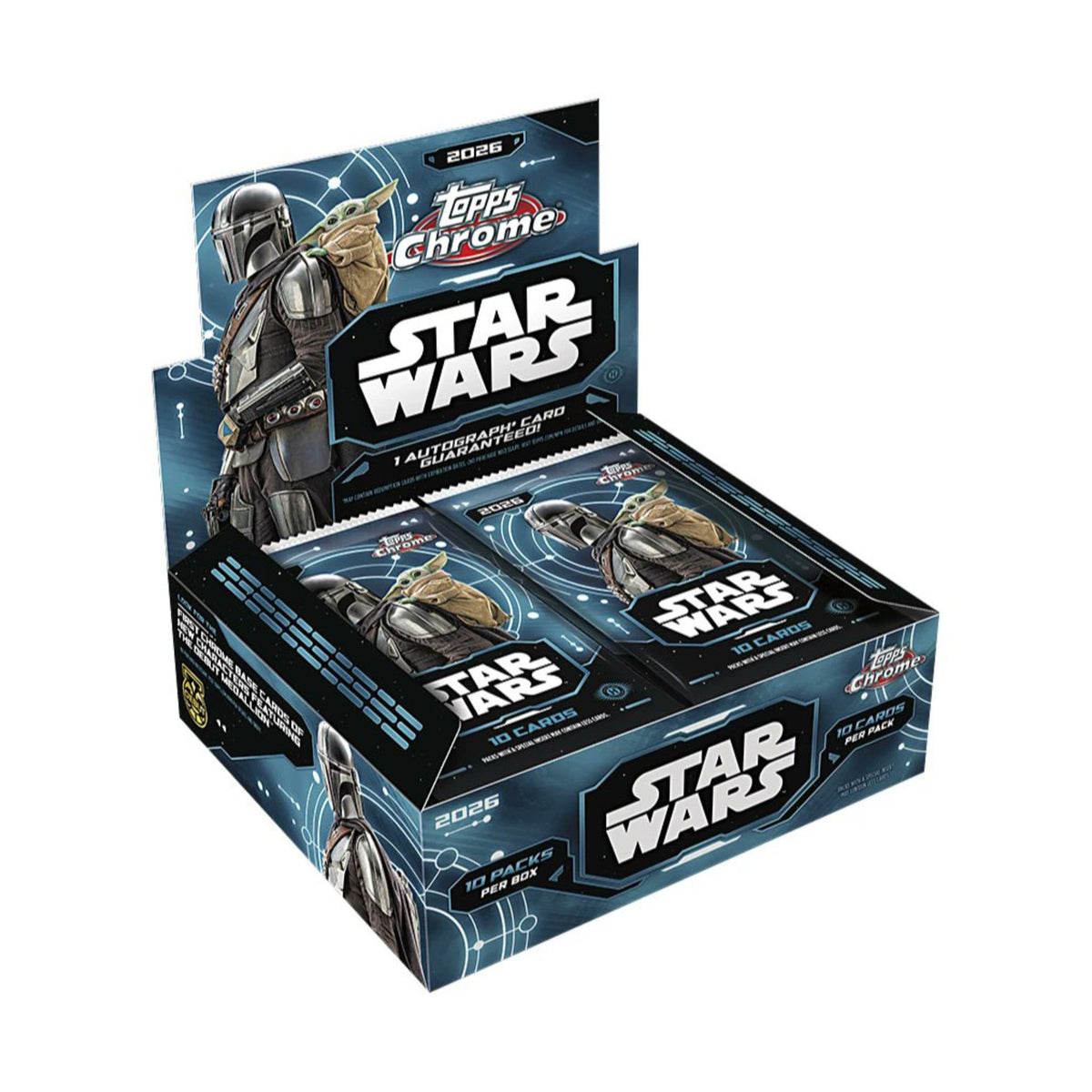 2026 Topps Chrome Star Wars Hobby Box with 10 packs, 100 trading cards, and one autograph per box.