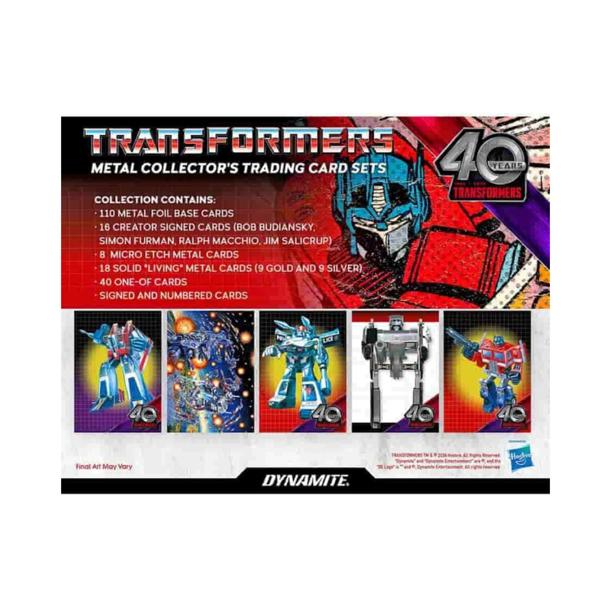 Transformers 40th Anniversary Metal Collector’s Trading Cards Blaster Box, 5 Packs, 2026 Dynamite Generation 1 Autobot and Decepticon Collectible Cards 
(PRE-ORDER)