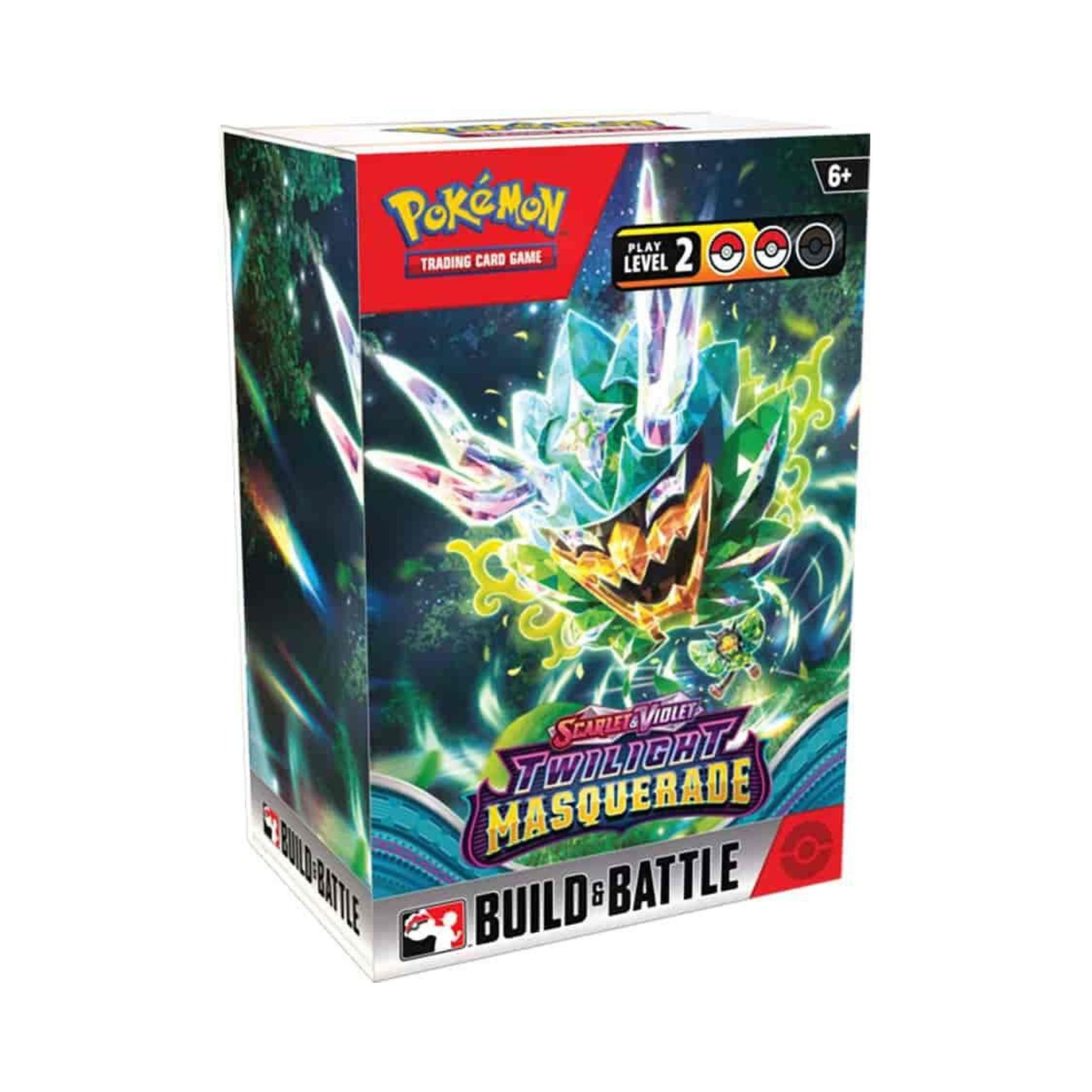 Pokemon TCG Scarlet and Violet Twilight Masquerade Build and Battle Box with pokemon card packs and deck building cards.