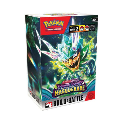 Pokemon TCG Scarlet and Violet Twilight Masquerade Build and Battle Box with pokemon card packs and deck building cards.