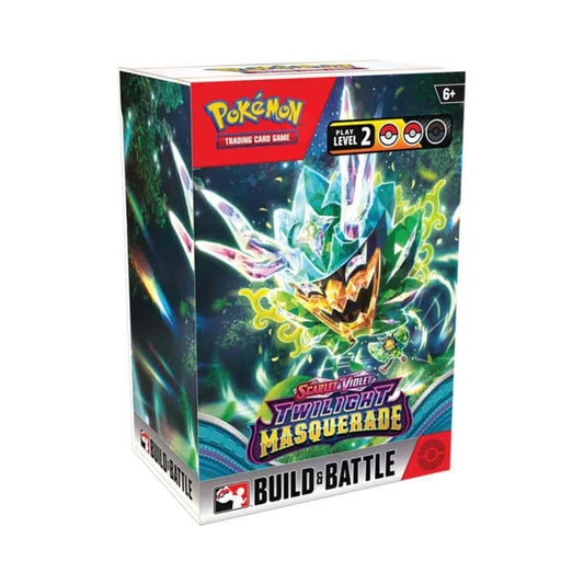 Pokemon TCG Scarlet and Violet Twilight Masquerade Build and Battle Box with pokemon card packs and deck building cards.