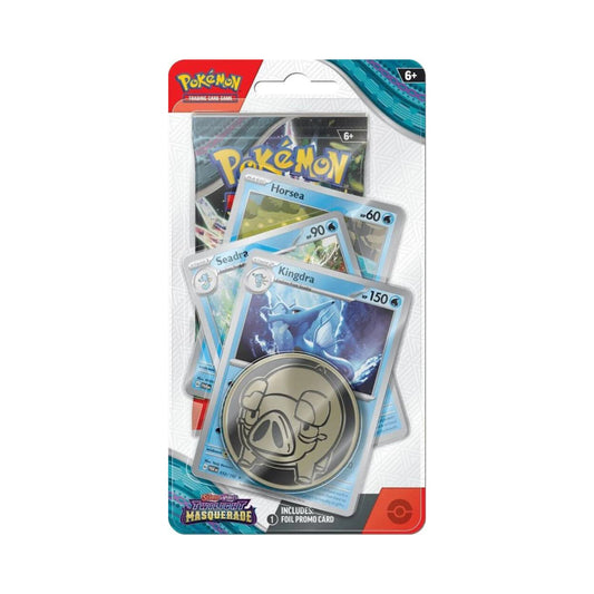 Pokemon TCG Twilight Masquerade premium checklane blister with Horsea Seadra Kingdra promo and booster pack.