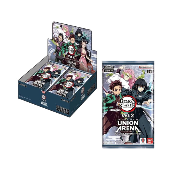Union Arena TCG Demon Slayer Kimetsu no Yaiba Vol. 2 Booster Box with 16 sealed booster packs for collectible card games.