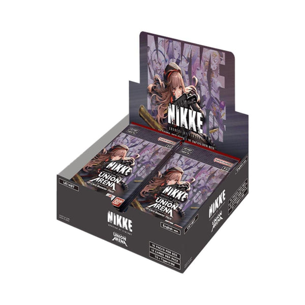 Union Arena TCG UE14BT Nikke English Booster Box containing 16 sealed booster packs for collectible card games.