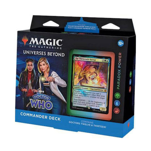 Magic The Gathering Universes Beyond Doctor Who Paradox Power Commander Deck with themed cards from the Doctor Who series.